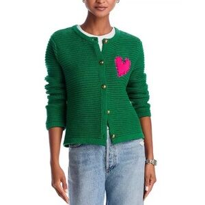Aqua Green Knit Cardigan with Hot Pink Heart Patch and Gold Buttons